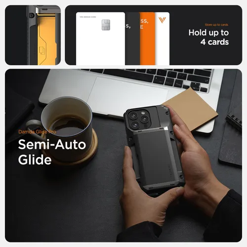 Vista 4 de VRS DESIGN Damda Glide Pro - Funda para iPhone 13 Pro, resistente funda semiautomática [4 tarjetas] con soporte para ranura para tarjetas compatible