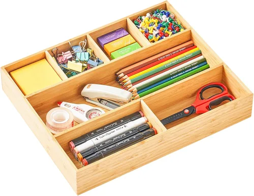 Vista 9 de Organizador de cajones de escritorio, bandeja organizadora de madera de bambú con compartimentos ajustables, accesorios de escritorio de oficina