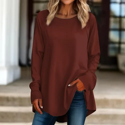 Vista 3 de FlekmanArt Tops para mujer, sudaderas de manga larga con cuello redondo y estampado para ocultar el vientre, tops cómodos y elegantes