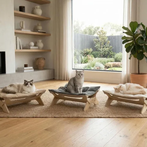 Vista 8 de JSPYFITS Hamaca elevada para gatos, cama ortopédica elevada para perros con cojín de felpa y lino de doble cara, muebles modernos para gatos