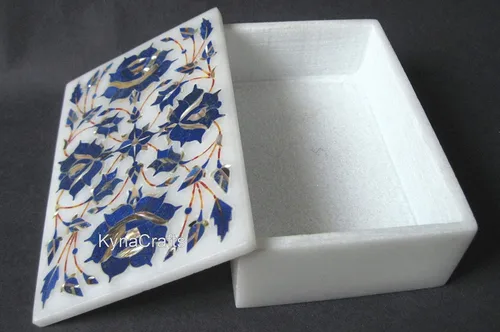 Vista 2 de Caja multiusos de mármol de 6 x 4 pulgadas con incrustaciones de piedra de lapislázuli y diseño floral