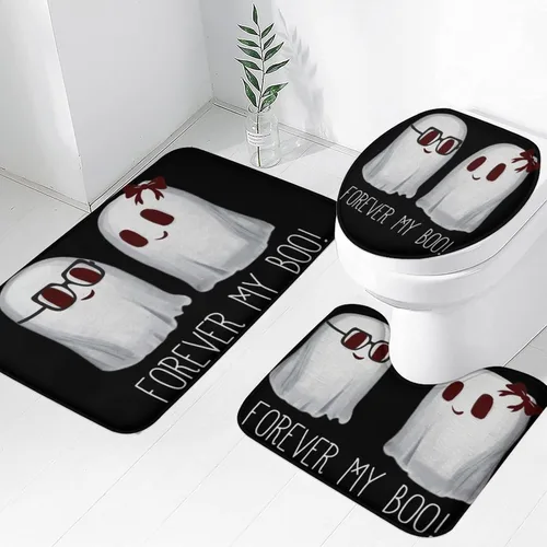 Vista 21 de Juego de 3 tapetes de baño de Halloween de bienvenida, diseño de fantasma, boo, gato, bruja, murciélago, calabaza, juego de alfombrillas de baño
