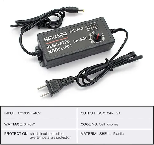 Vista 2 de Adaptador de corriente ajustable de 3-24 V, 2 A, fuente de alimentación variable universal de conmutación de 48 W, 100-240 V CA a CC 5 V, 6 V, 9 V