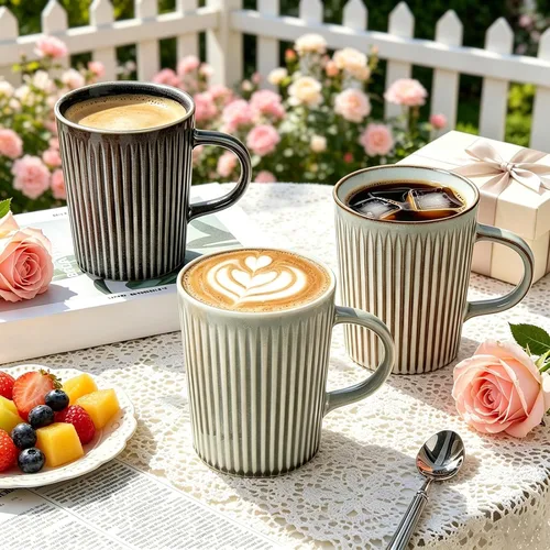 Vista 6 de Juego de 4 tazas de café, tazas de café grandes de cerámica a rayas de 16