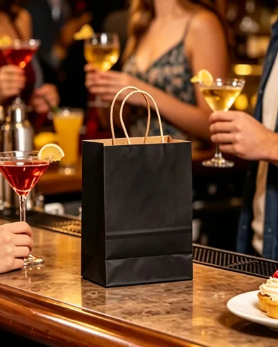 Vista 8 de qiqee Paquete de 26 bolsas de regalo negras con asas a granel de 8.3 x 3 x 6 pulgadas, bolsas de papel kraft de tamaño pequeño para fiestas