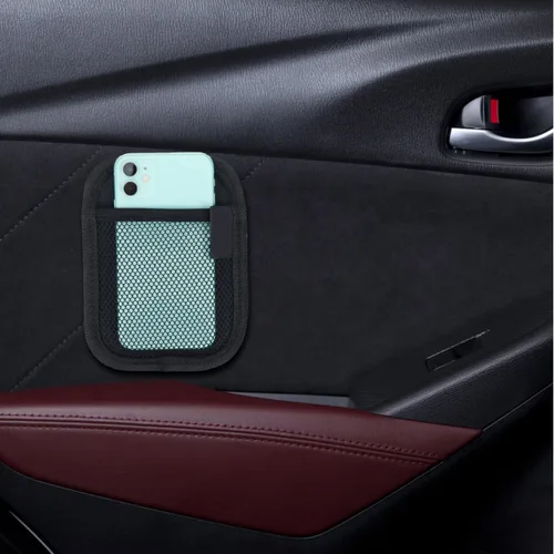 Vista 8 de Bolsa de almacenamiento para teléfono móvil para automóvil, 2 unidades, piel sintética, organizador de automóvil, bolsillo de red para asiento