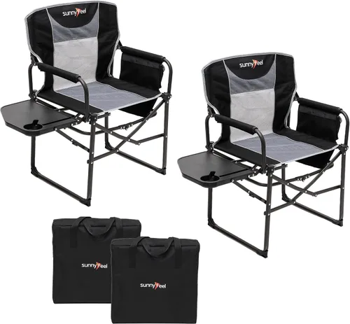 Vista 20 de SUNNYFEEL Silla de Directores de Camping, Silla Plegable Portátil de Gran Tamaño con Mesa Lateral, Bolsillo para Playa, Pesca, Viaje, Picnic