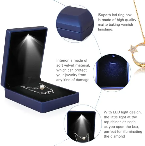 Vista 4 de iSuperb 2 cajas con colgante LED para collar iluminado exhibición de joyas para propuestas compromiso boda regalo azul profundo