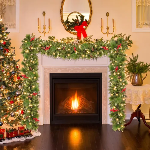 Vista 7 de Guirnalda de Navidad con luces, 50 luces LED, guirnalda preiluminada de 9 pies, funciona con pilas, decoración de Navidad para interiores