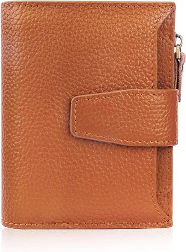 Vista 10 de FT FUNTOR Cartera pequeña para mujer, de piel auténtica, plegable, compacta, con bloqueo RFID, bolsillo con cremallera, ranuras para tarjetas