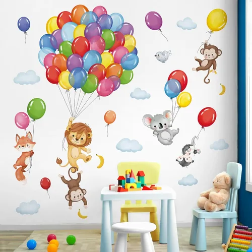 Vista 3 de decalmile Calcomanías de globos de animales del bosque, calcomanías de pared de mono, león y koala para bebé, guardería, dormitorio de niños