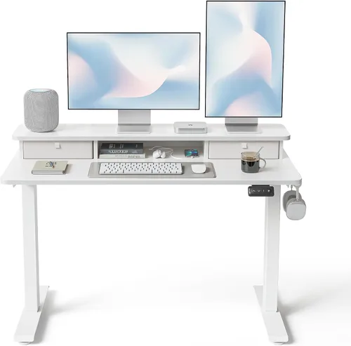 Vista 10 de FEZIBO Escritorio de pie de 48 x 24 pulgadas con altura ajustable, escritorio eléctrico de pie con doble cajón, escritorio de oficina en casa con 4