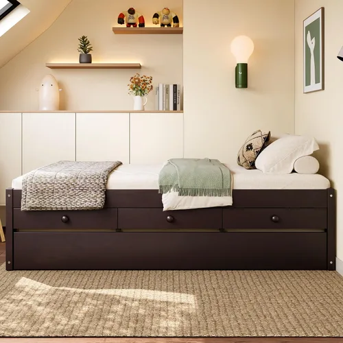 Vista 3 de Cama de plataforma individual con nido y cajones de almacenamiento, sofá cama de madera maciza con tomas de corriente y listones completamente