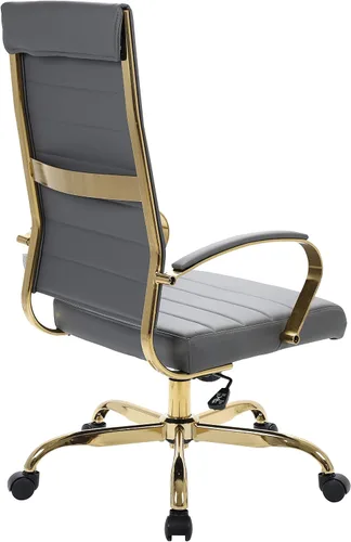 Vista 6 de LeisureMod Silla de oficina moderna de cuero con respaldo alto, silla de escritorio ejecutiva giratoria y ajustable con marco dorado, diseño Gris