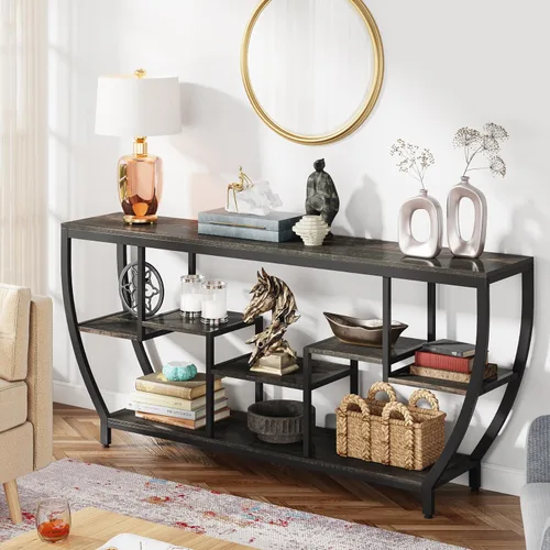 Vista 5 de Tribesigns Mesa de sofá de 70.9 pulgadas de largo con estantes, mesa consola rústica con almacenamiento, mesa de entrada industrial, soporte de TV
