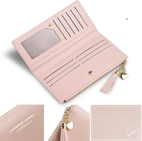 Vista 3 de SUMGOGO Cartera delgada para mujer con borla larga con cremallera y embrague monedero bolso tarjetero (rosa)