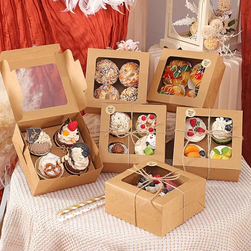 Vista 5 de TOMNK - 50 cajas para magdalenas con ventana, 6.3 x 6.3 x 3 pulgadas, cajas para magdalenas marrones Recipientes para cupcakes con calcomanías