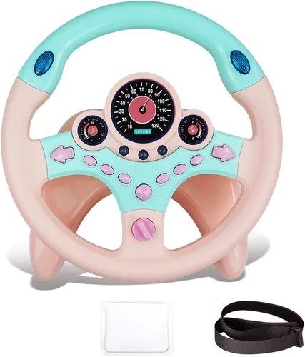 Vista 9 de RedCrab Volante de automóvil simulado de juguete con luz y música para niños, juguetes de asiento de conducción, juguetes educativos eléctricos