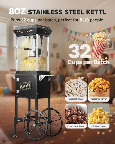 Vista 2 de Máquina de palomitas de maíz de 8 onzas con carro, máquina para hacer maíz con ruedas y hervidor de acero inoxidable que hace hasta 32 tazas