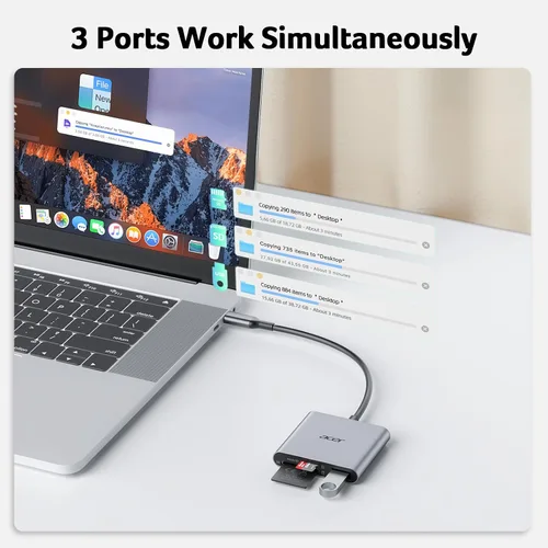 Vista 3 de Acer Lector de tarjetas SD USB C, lector de tarjetas de memoria 3 en 1 con ranuras dobles y USB 3.0, adaptador de tarjeta micro SD para iPhone 16/15