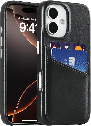 Vista 12 de LUCKYCOIN Funda de piel 100% auténtica tipo cartera para iPhone 13, diseño delgado con tarjetero y funda protectora a prueba de golpes, forro