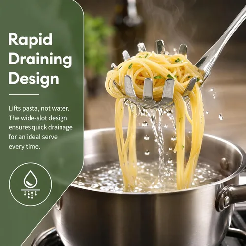 Vista 4 de Cabilock Cuchara de fideos, cuchara de pasta de acero inoxidable con dientes, espaguetis para recoger fideos, albóndigas y huevos, utensilio