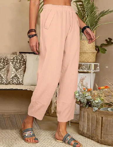 Vista 5 de Pantalones sueltos casuales de pierna ancha para mujer, holgados, ligeros, cómodos, cintura elástica, pantalones recortados con bolsillos