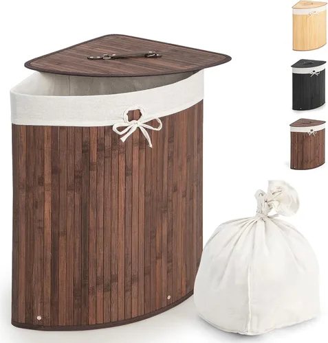 Vista 15 de GOFLAME Cesta esquinera de bambú para la ropa sucia con tapa y forro extraíble, cesta de almacenamiento con asa, adecuada para dormitorio, baño