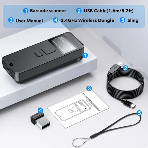 Vista 7 de Symcode Escáner de código de barras CCD Bluetooth inalámbrico con pantalla de visualización, batería de 2000 mAh, mini escáner de código de barras