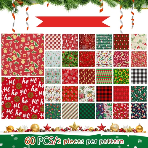 Vista 3 de Shimeyao 60 Piezas Paquetes de Tela de Navidad Costura Acolchado Muñeco de Nieve Papá Noel Alce Copo de Nieve Estampado Cuartos Gruesos Cuadrados