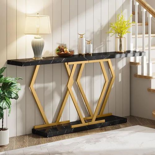 Vista 4 de Tribesigns - Mesa de sofá extra larga de 70.9 pulgadas. Mesa consola en negro y dorado con superficie de mármol sintético, mesa larga moderna