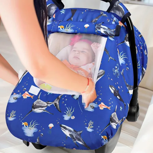 Vista 8 de Funda para asiento de auto Pea Pod para bebé, capota para asiento de auto infantil para recién nacidos con 2 capas de ventanas de tela de malla