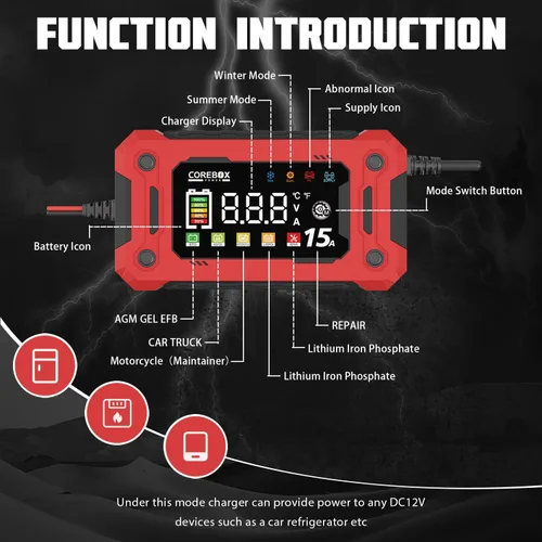 Vista 4 de COREBOX Cargador de batería de 15 amperios y 12 V, cargador automático inteligente de batería, desulfatador de mantenimiento de batería