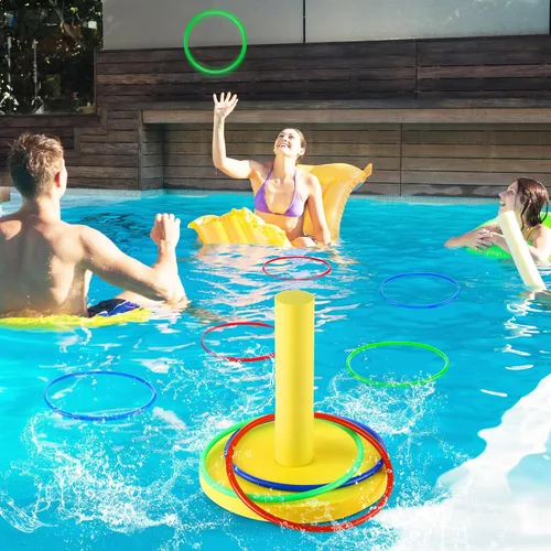 Vista 4 de Hiboom Juegos de lanzamiento de anillos de piscina, juegos de piscina para adultos y familia con 6 anillos de lanzamiento, juguetes flotantes