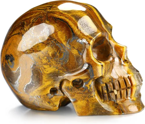 Vista 4 de Skullis Calavera de cristal de ojo de hierro de tigre de 2.0 pulgadas, escultura de arte fino de piedras preciosas talladas a mano, estatua