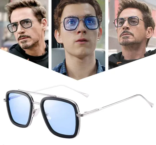 Vista 6 de PORADAY Tony Stark - Gafas de sol de Iron Man, montura cuadrada de metal vintage