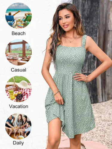 Vista 4 de HUHOT - Vestido casual de verano para mujer, con cuello cuadrado y bolsillo, bonito vestido por debajo de la rodilla, sin mangas, con cintura alta