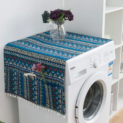 Vista 3 de vctops Funda de algodón y lino con estampado bohemio para nevera, a prueba de polvo, pompones, cubierta superior de lavadora multiusos con 6