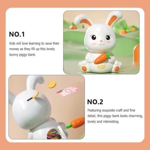 Vista 9 de Totority Banco de monedas de plástico para niños y niñas, adorable forma de conejo, para regalo de cumpleaños