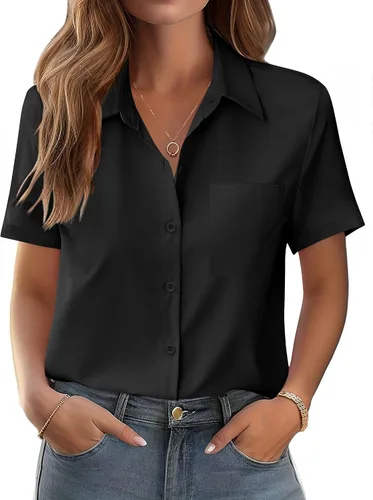 Vista 23 de Zeagoo Blusa de manga corta con botones para mujer, con bolsillo en el busto, para negocios, casual, para el trabajo, trajes de verano