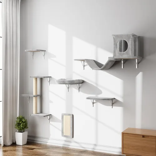 Vista 11 de NUNU LAB Estantes de muro para gatos, juego de 6 piezas de lujo montado en la pared, muebles para gatos interiores con 1 casa tipo condominio, 2