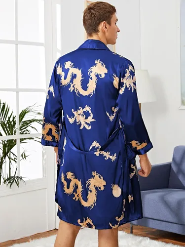 Vista 2 de SOLY HUX Men's Long Sleeve Silk Sleepwear Satin Kimono Robe with Shorts Pajamas Set