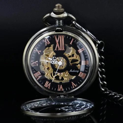Vista 3 de Men's Mechanical Hollow Dragon Design Hand Wind Pocket Watch Roman Numerals Steampunk with Chain Box Cus-PJX1346-bronce negro