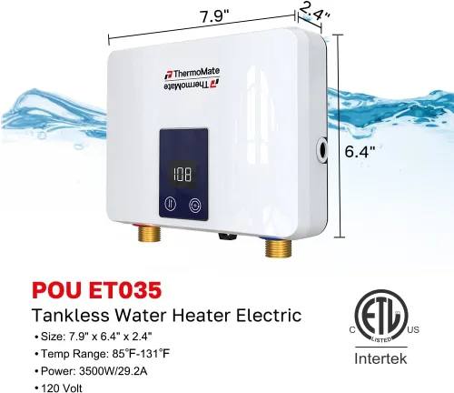 Vista 2 de Calentador de agua sin tanque eléctrico 120V, ThermoMate 3500W pequeño bajo demanda, calentador de agua caliente instantáneo con pantalla