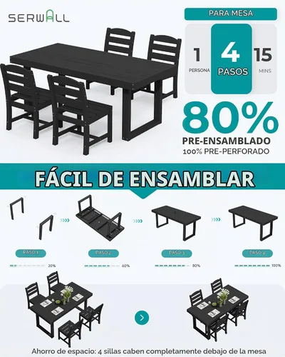 Vista 7 de SERWALL HDPE - Juego de comedor al aire libre para 4, 67 pulgadas, para todo tipo de clima, mesa de comedor y sillas sin brazos para terraza Negro
