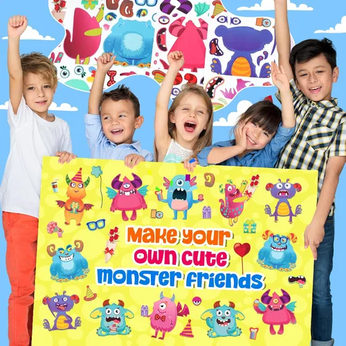 Vista 3 de Haz una cara, 50 hojas de calcomanías de bricolaje con temática de monstruos para niños, 10 estilos perfectos para cumpleaños, aula, idea de bolsa