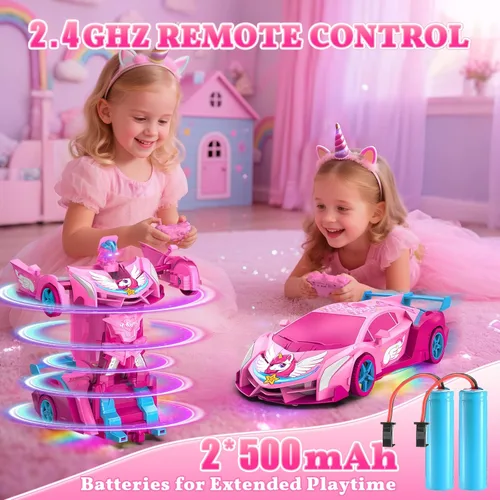 Vista 5 de Coches RC Transformables de Unicornio para Niñas con Ojos de Arcoíris y Luces en la Parte Inferior, Rotación Rápida de 360° y Control Remoto