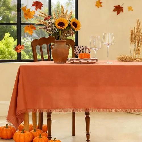 Vista 8 de Midsummer Breeze Mantel cuadrado de algodón rústico, mantel de arpillera con flecos para Halloween, Acción de Gracias, Navidad, cocina, comedor