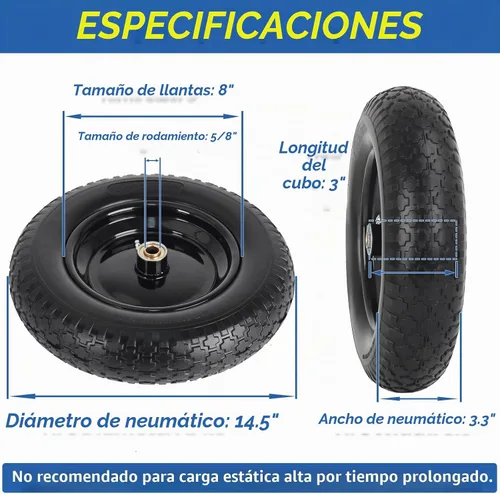 Vista 2 de GICOOL Neumático de carretilla de 14.5", apto para 4.00/4.80-8, neumático sólido sin pinchazos de 3.50-8" y rueda con orificio de eje de 5/8", cubo