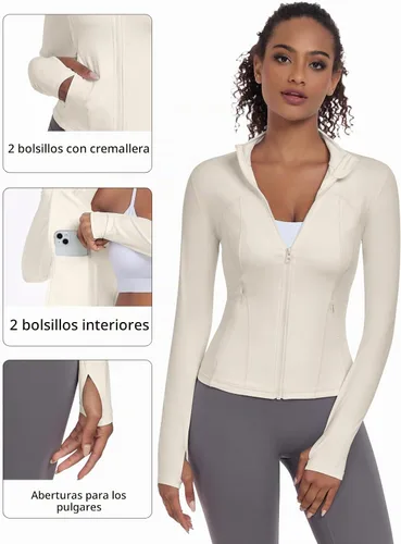 Vista 4 de VUTRU Womens Workout Yoga Jacket Lightweight Zip Up Athletic Jacket Lightweight Cropped Jacekt with Pockets Beige